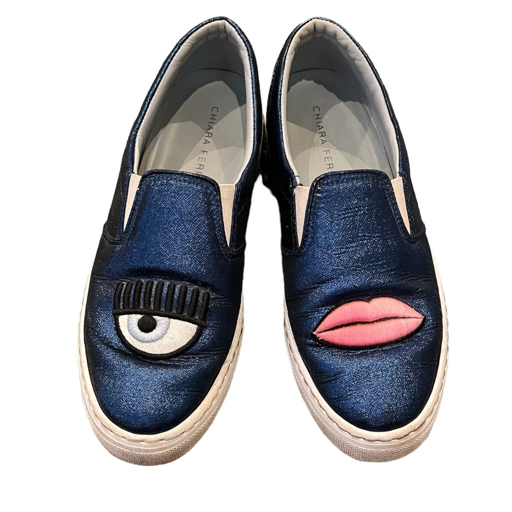 Chiara Ferragni Flirting Lips Blue Sparkle Embroidered Loafers Sneakers …